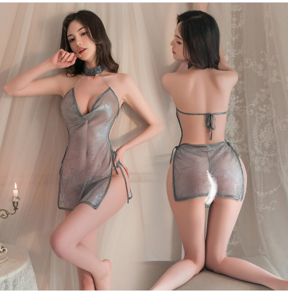 FEE ET MOI - Sparkling Strappy Open Back Cheongsam (Silver - Gray)